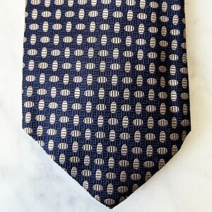 Lands' End Navy Blue  Tan Print Men's Silk Neck Tie  NEW